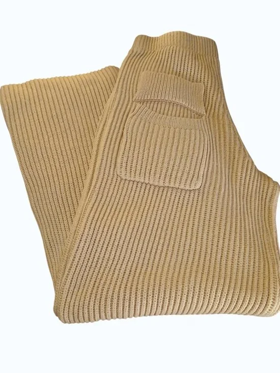 NASTY GAL Camel Ribbed Knit High Waist Wide Leg Pull on Pants - Picture 3 of 10